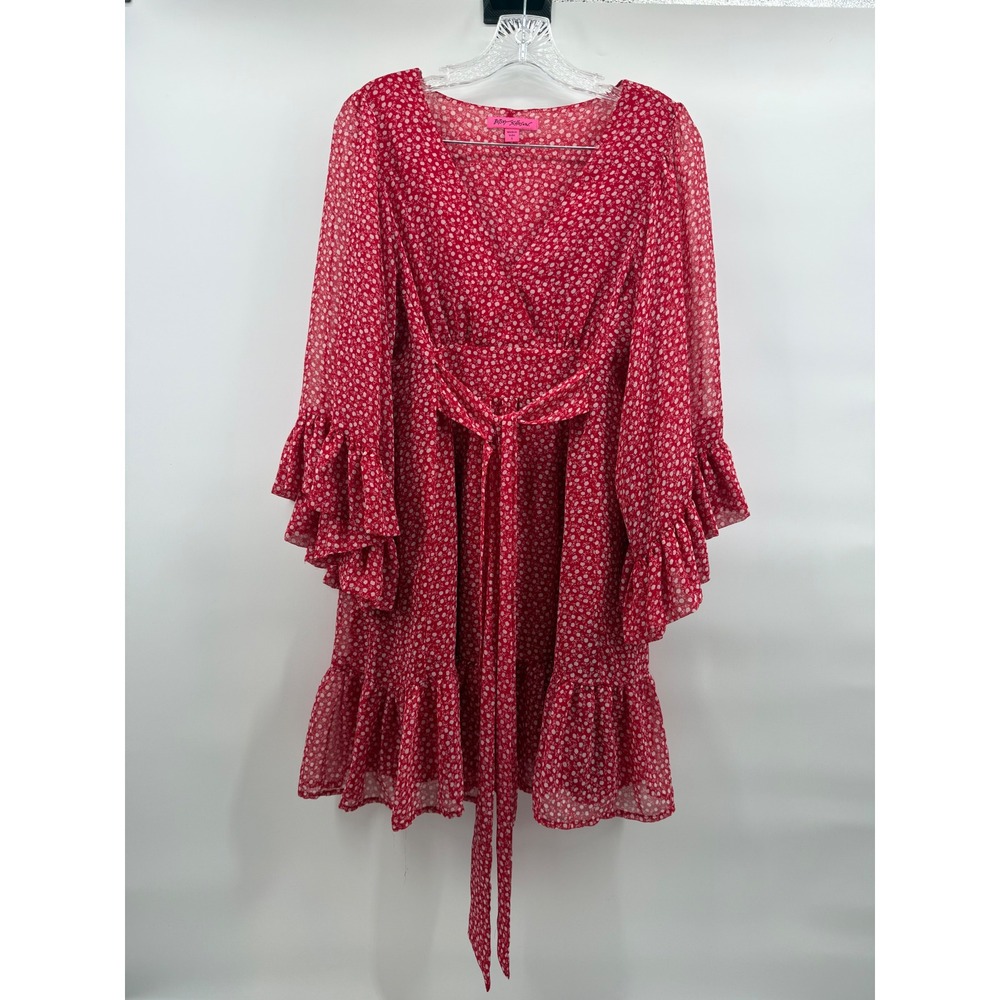 Betsey Johnson Red Cherry Blossom Print Ruffle Mini Dress Faux Wrap Size S